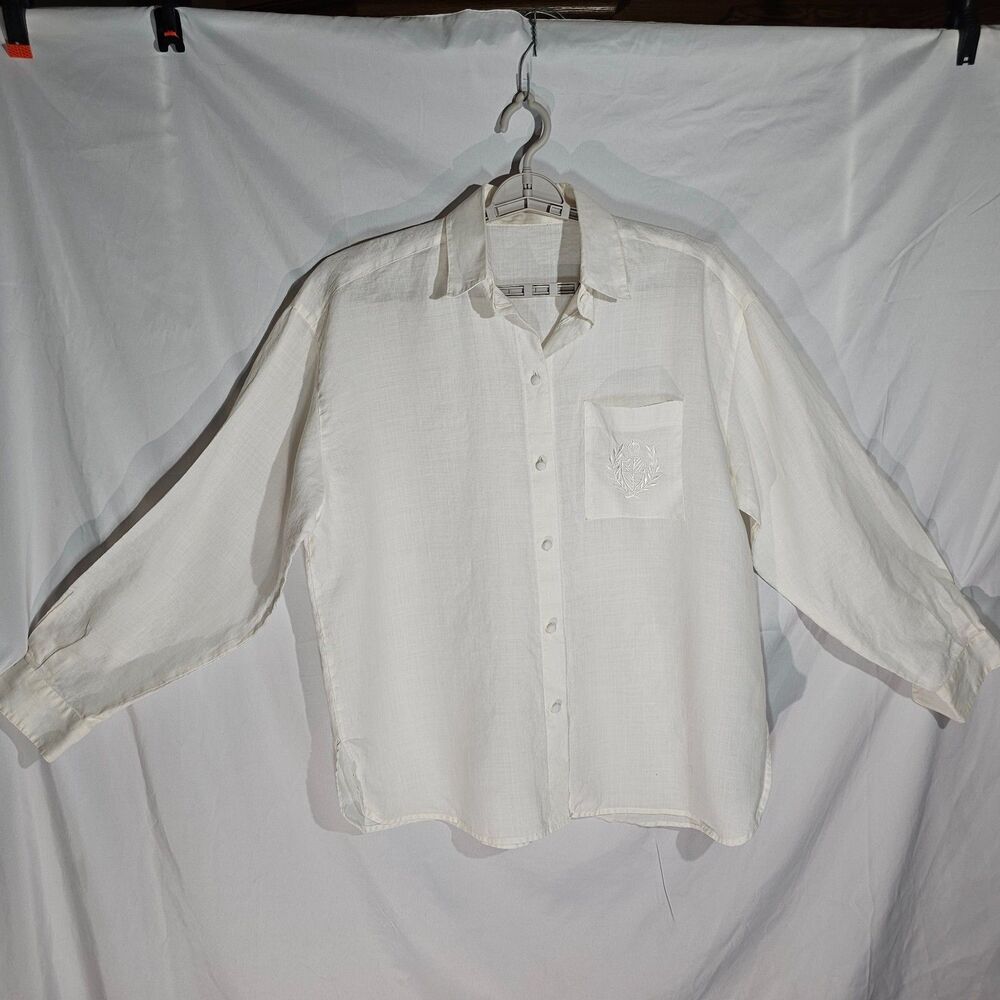 100% Linen Embroidered Crest Pocket Shirt Button Down White Relaxed Oversized L